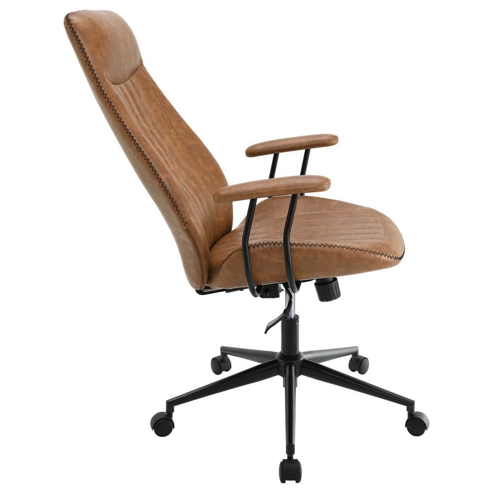 Brown Faux Leather Swivel Desk Chair with Wood Accents