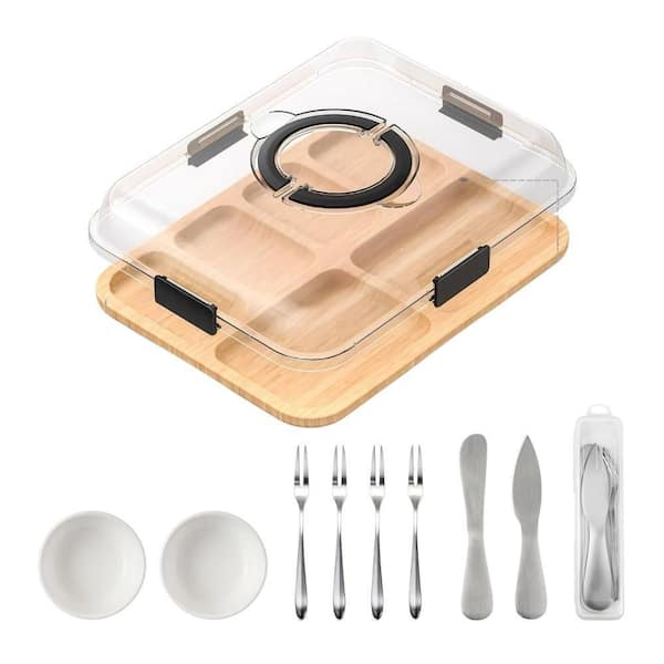 14.5 in. 6-Compartments Charcuterie Board and Knife Set with Lid and Handle