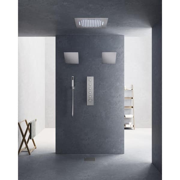 Thermost atic 31-Spray Patterns 20 in. Square LED Mood Lighting Bluetooth Music Shower System w/ Valve in Brushed Nickel