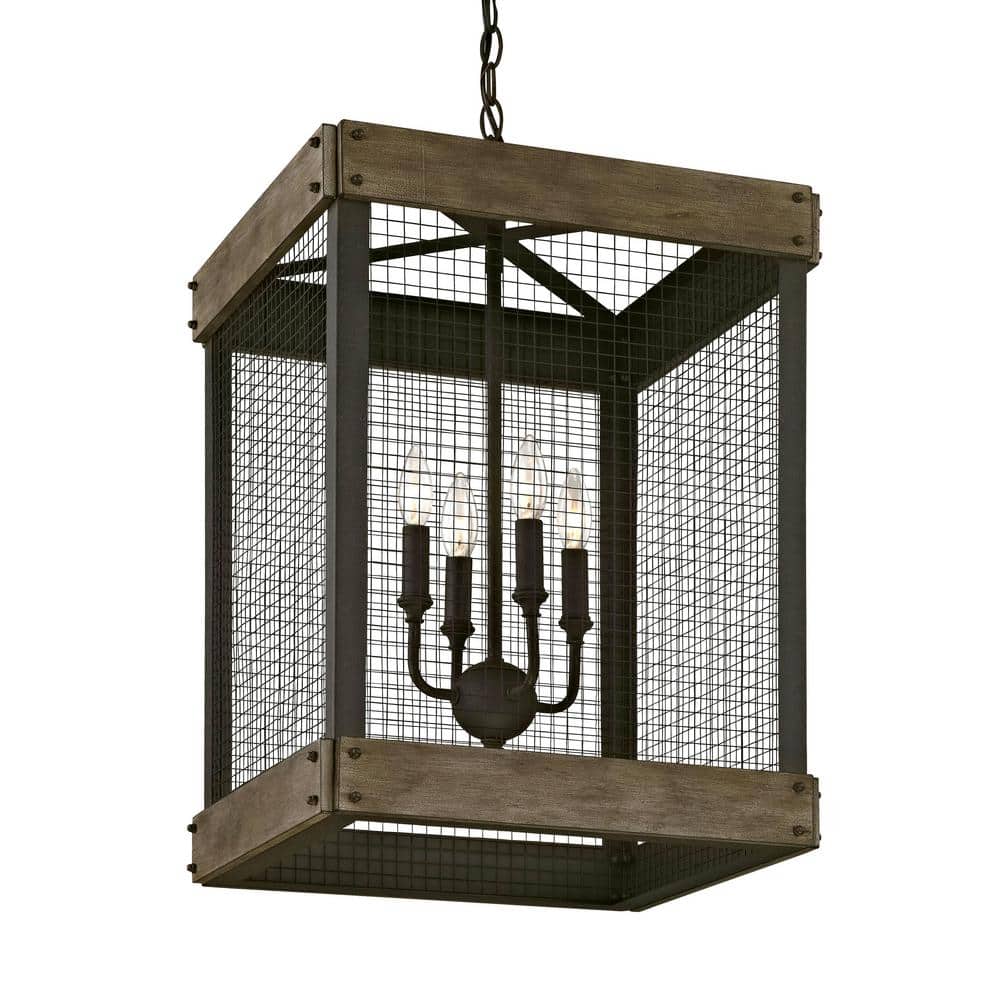 Mercado 4-Light Textured Bronze Pendant with Metal Mesh Cover Wood Accent P