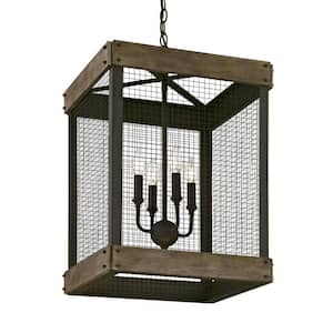Mercado 4-Light Textured Bronze Pendant with Metal Mesh Cover Wood Accent Panels