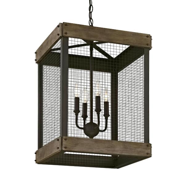 Mercado 4-Light Textured Bronze Pendant with Metal Mesh Cover Wood Accent Panels