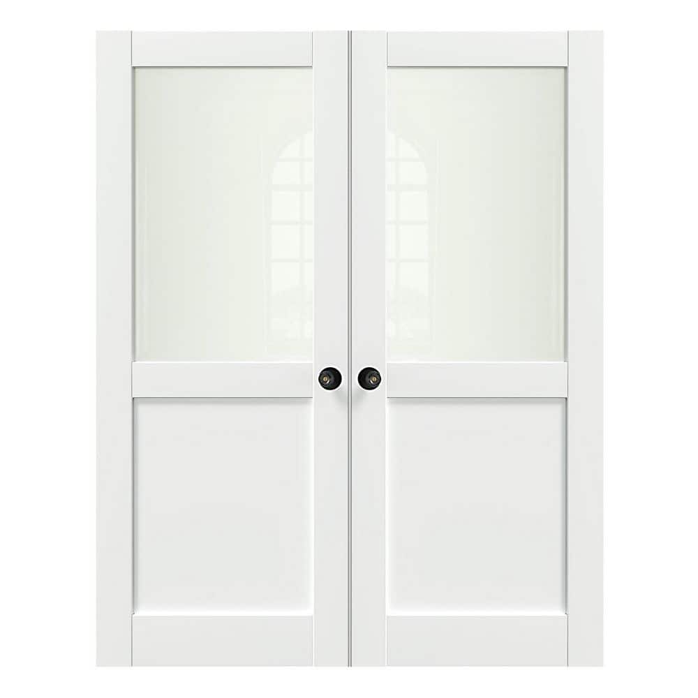 64 in. x 80 in. MDF Composite, Primed, White, 1/2 Lite, Frosted Glass Interior Door Slab with Black Goal Doorknob price history on PriceWatchPro