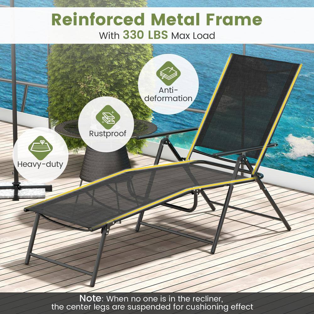 Black Iron Folding Outdoor Chaise Lounge Chairs with Breathable Fabric, Set of 2