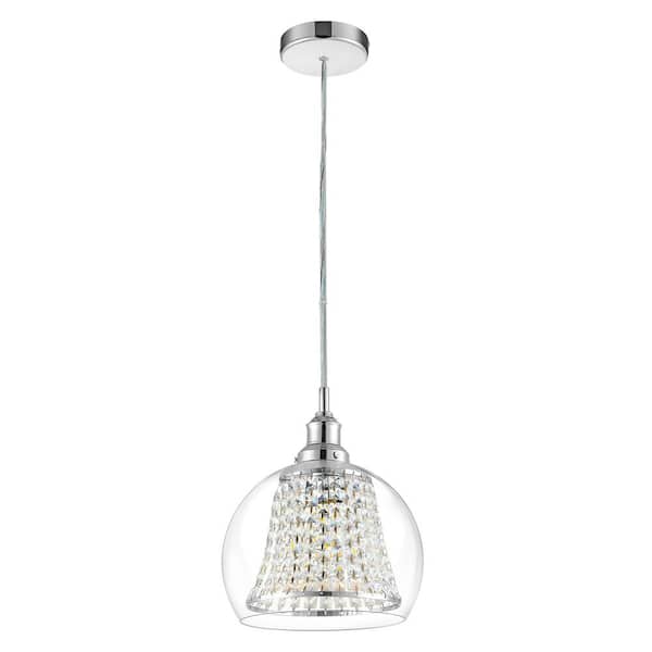 WINGBO 1-Light Chrome Crystal and Glass Double Shade Pendant Light