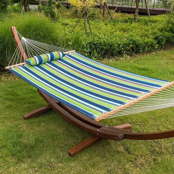 Heavy Duty Fabric Hammock With Pillow Double Size Spreader Bar Patio Bed 