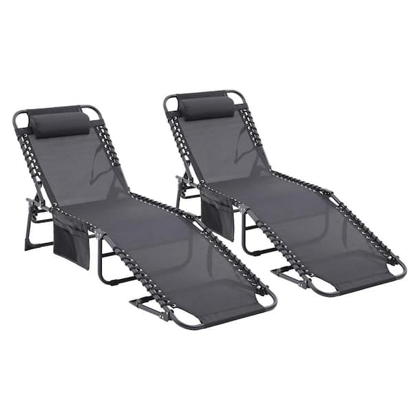 Unbranded Black 2 Pieces Metal Outdoor Waterproof Chaise Lounge, Adjustable and Reclining Chair with Pillow and Side Pocket