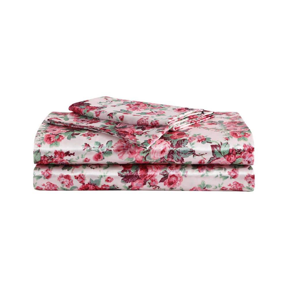 Twin Pink Satin Vintage Floral Sheet Set