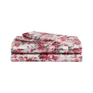 Vintage Floral 4-Piece Pink Satin Full Sheet Set