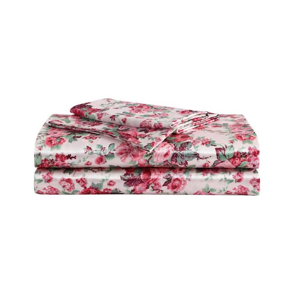 Vintage Floral 4-Piece Pink Satin Queen Sheet Set