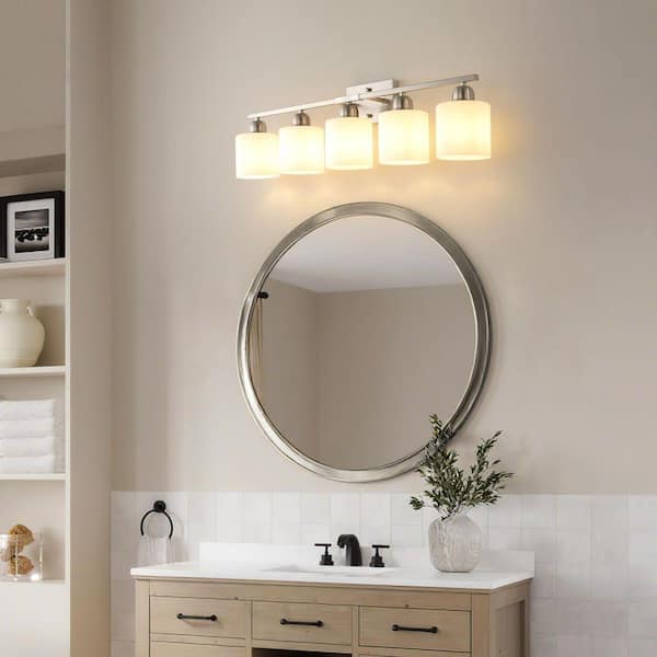 32 in. 5-Light Chrome Modern Vanity Light Wall Lamp Sconce Over Mirror with Frosted Milky White Glass Shade