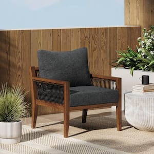 Freya Dark Acacia Solid Acacia Wood Frame Upholstered Outdoor Lounge Chair with Dark Gray Cushion