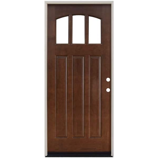 Steves & Sons 36 in. x 80 in. Craftsman 3 Lite Arch Stained Mahogany Wood Prehung Front Door