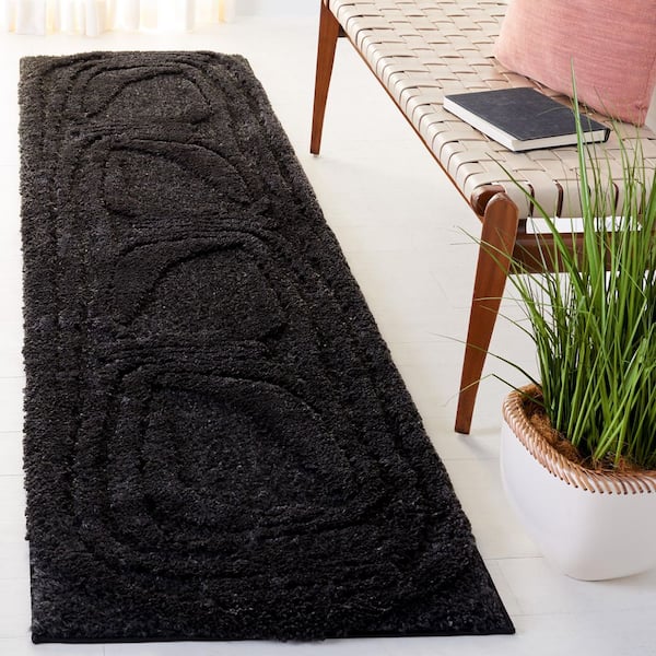 Hi-Lo Shag Black 2 ft. x 9 ft. Swirl High-Low Runner Rug
