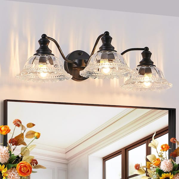 24 in. 3 Light Black Vanity Light Fixture Bathroom Over Mirror Wall Lights with Vintage and Glass Lampshade