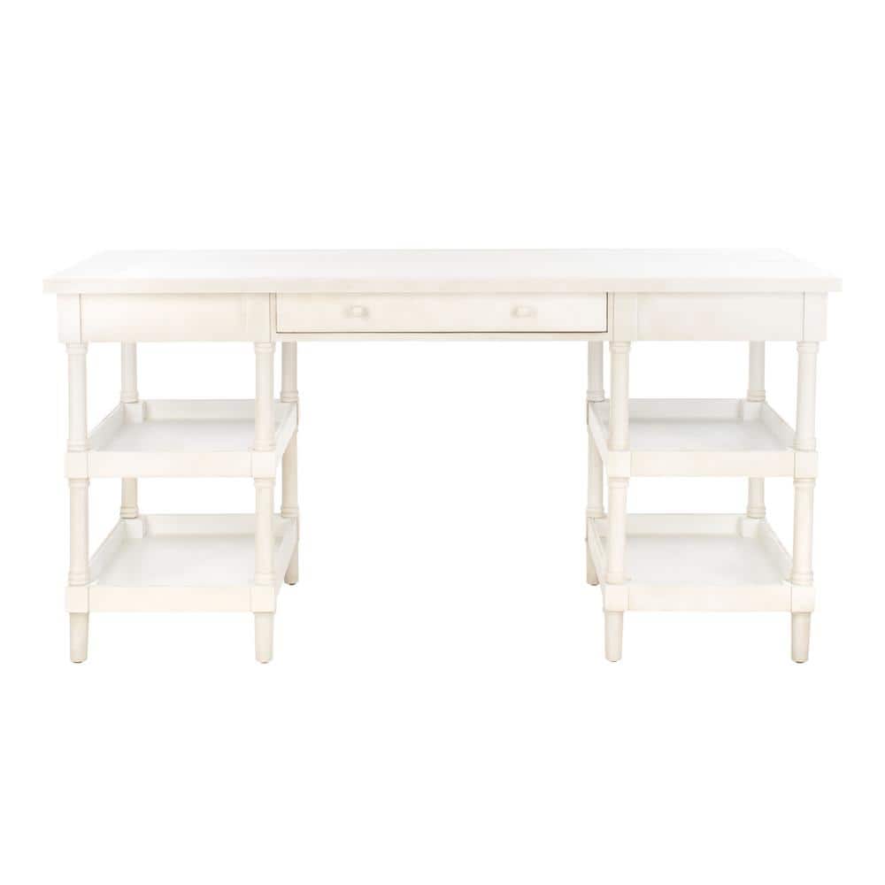 White Washed Wood Writing Desk with Drawer and Shelves