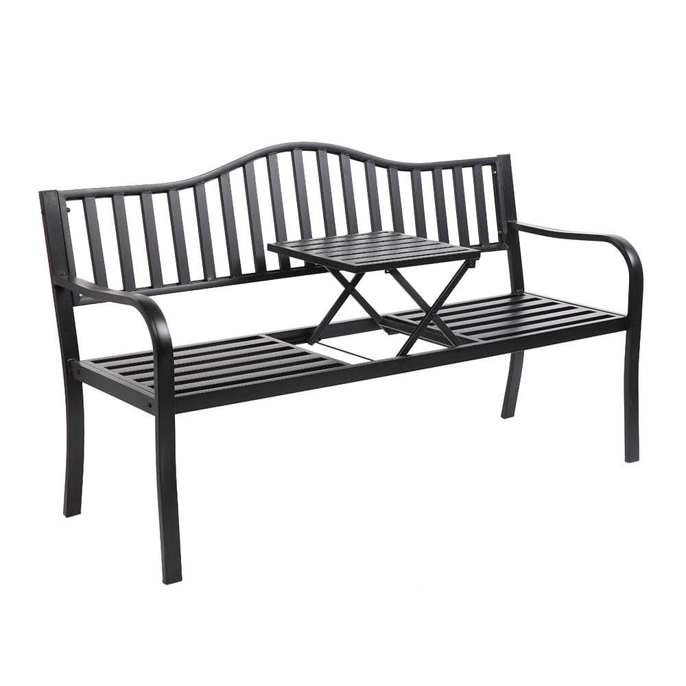 Black Steel Outdoor Bench with Built-In Table, 59"