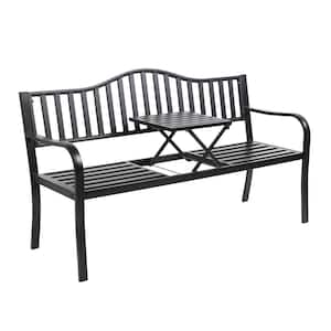 59 in. Metal Outdoor Bench with Built in Table Park Bench Garden Bench Front Porch Bench