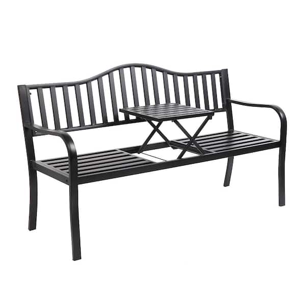 VINGLI 59 in. Metal Outdoor Bench with Built in Table Park Bench Garden Bench Front Porch Bench