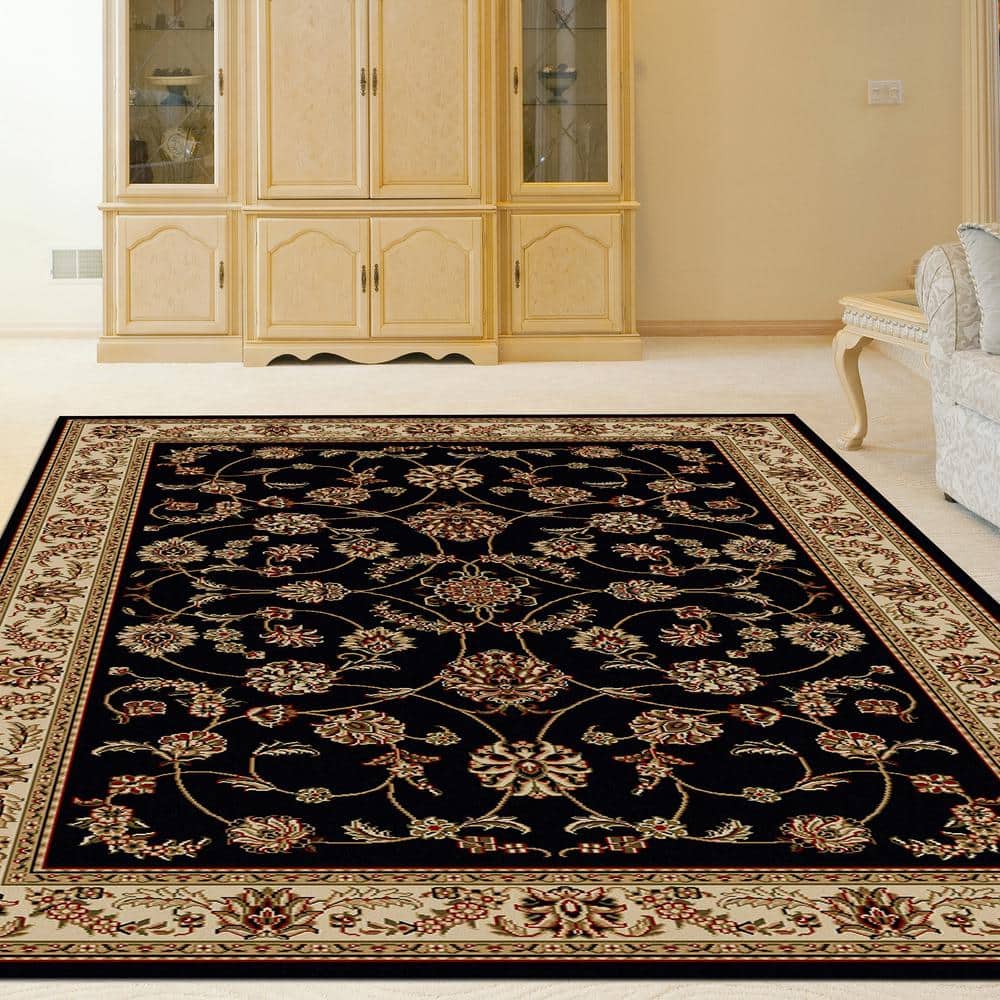 Reversible Black Oriental Scroll 5' x 7' Easy-Care Area Rug