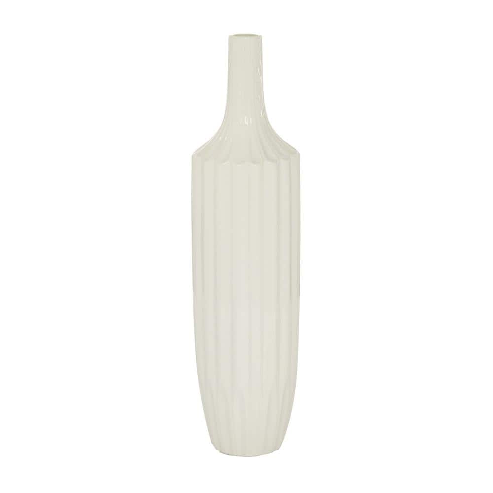 Ceramic Elegance 19" Tall Bud Vase with Vertical Groove Detail in Glossy White