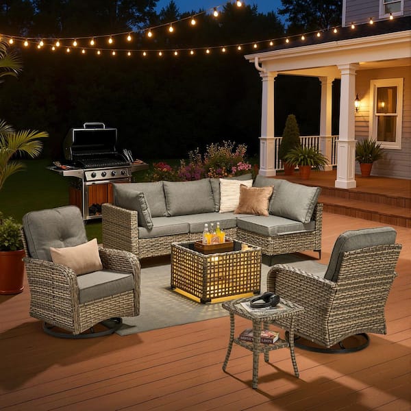 Solvoc Gray 8-Piece Wicker Outdoor Patio Conversation Set with Dark Gray Cushion, Swivel Chair, Lights Coffee Table