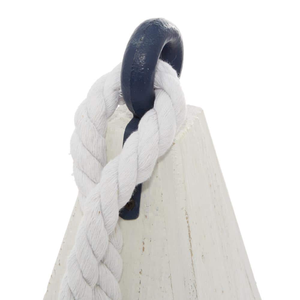 White and Navy Wood Buoy Sculptures with Rope Accents, Set of 3