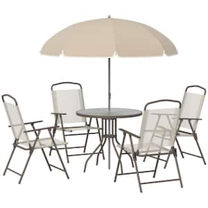 Beige 6 Piece Outdoor Metal Patio Dining Set with Umbrella, 4 Folding Dining Chairs and Round Glass Table