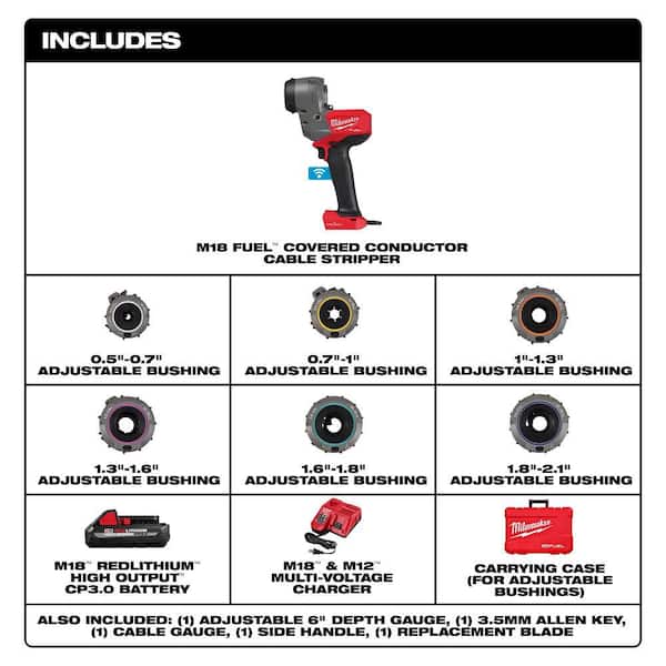 M18 FUEL 18V Lithium-Ion Cordless Covered Conductor Cable Stripper Kit with Adjustable Bushings, Battery, and Charger