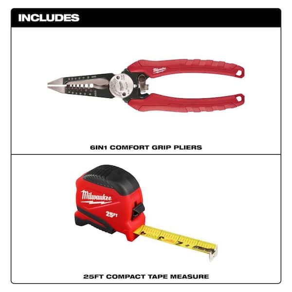 25FT Compact Tape Measure and Comfort Grip 6in1 Pliers