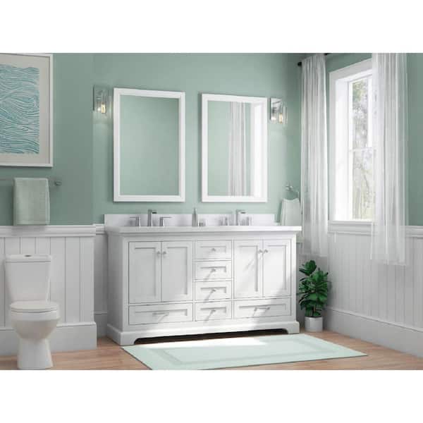 Home Decorators Collection Bluestern 60 in W x 22 in D x 34 in H Double Sink Freestanding Vanity in White w/ Veined White Engineered Stone Top