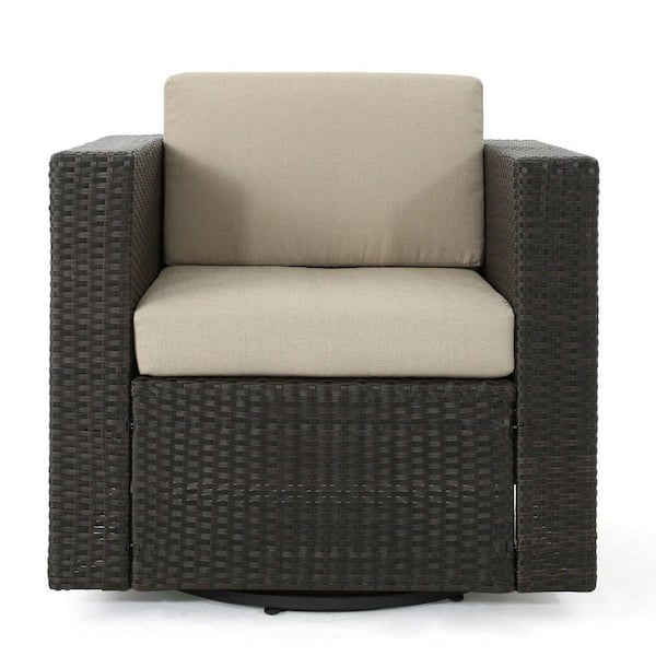 Anky Swivel Club Chair Brown Wicker Outdoor Lounge Chair with Beige Cushion