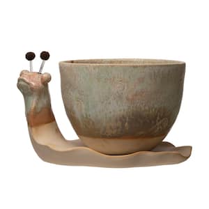 8.5 in. W x 4.75 in. H Reactive Glaze Brown Stoneware Snail Decorative Pots