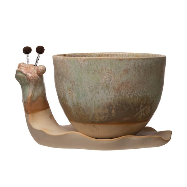 Storied Home 8.5 in. W x 4.75 in. H Reactive Glaze Brown Stoneware Snail Decorative Pots