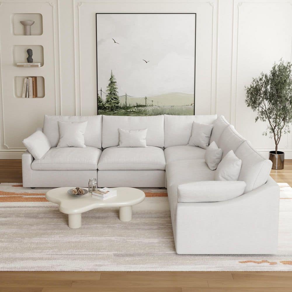 119.2 in. Square Arm 5-Piece Linen L-Shaped Down Feather Modular Free Combination Sectional Sofa in White price history on PriceWatchPro