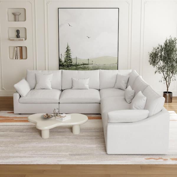 119.2 in. Square Arm 5-Piece Linen L-Shaped Down Feather Modular Free Combination Sectional Sofa in White