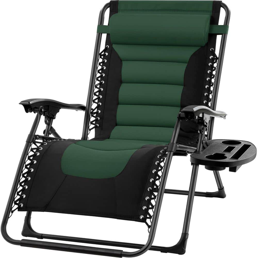 Padded Forest Green Metal Outdoor Recliner with Headrest, Side Tray