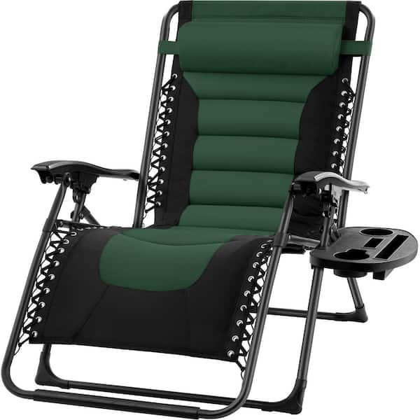 Unbranded Padded Forest Green Metal Outdoor Recliner with Headrest, Side Tray