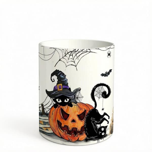 6.3 in. White Halloween Ceramic Utensil Holder, Black Cat Pumpkin Design Kitchen Countertop Decor Utensils Crock