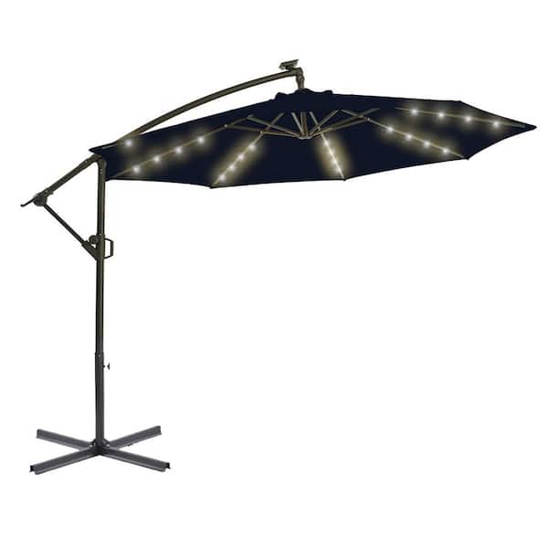 PASAMIC 10 ft. Solar LED Offset Hanging Umbrella Cantilever Patio Umbrella with Tilt Adjustment and Cross Base in Navy Blue