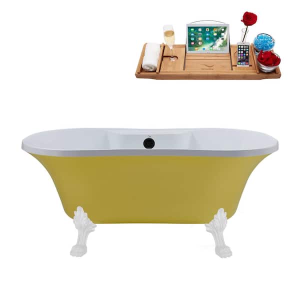 Streamline 60 in. Acrylic Clawfoot Non-Whirlpool Bathtub in Matte Yellow With Glossy White Clawfeet And Matte Black Drain