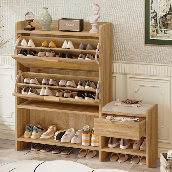 44.9 in. x 47.2 in. Light Brown Rattan Shoe Storage Cabinet with Bench, 2 Flip Drawers and Hidden Storage for Entryway