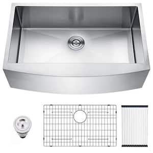 33 in. Farmhouse Single Bowl 16 Guage Brushed Nickel Stainless Steel Kitchen Sink with Strainer Basket and Bottom Girds