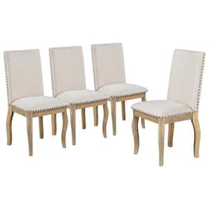 Natural Wood Wash Wood Upholstered Fabric Dining Chairs with Nailhead (Set of 4)