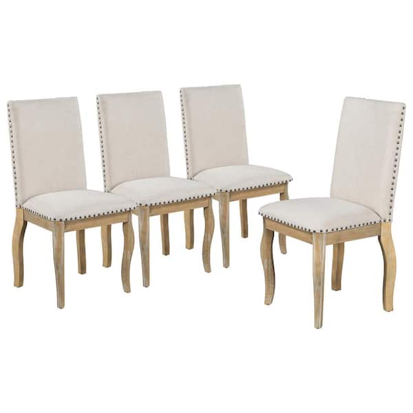Polibi Natural Wood Wash Wood Upholstered Fabric Dining Chairs with Nailhead (Set of 4)