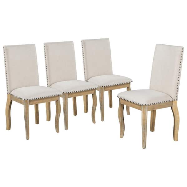 Natural Wood Wash Wood Upholstered Fabric Dining Chairs with Nailhead (Set of 4)