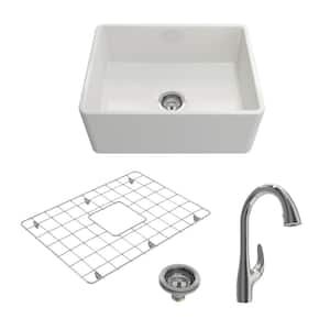 Classico White Fireclay 24 in. Single Bowl Farmhouse Apron Front Kitchen Sink withFaucet