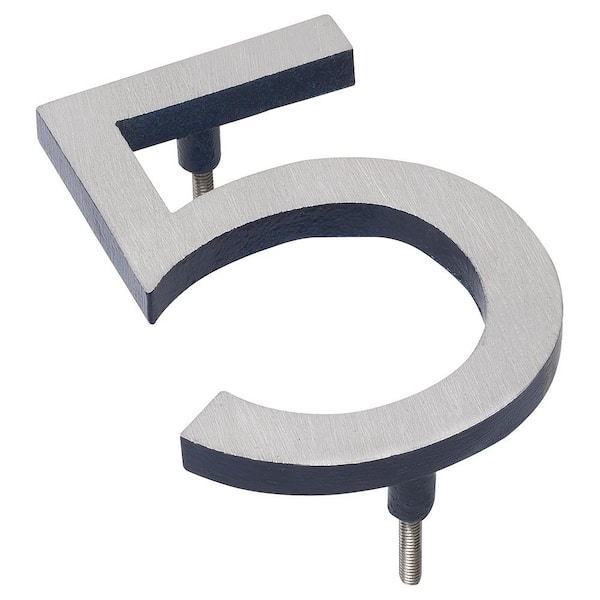 Montague Metal Products 4 in. Satin Nickel/Navy 2-Tone Aluminum Floating or Flat Modern House Number 5