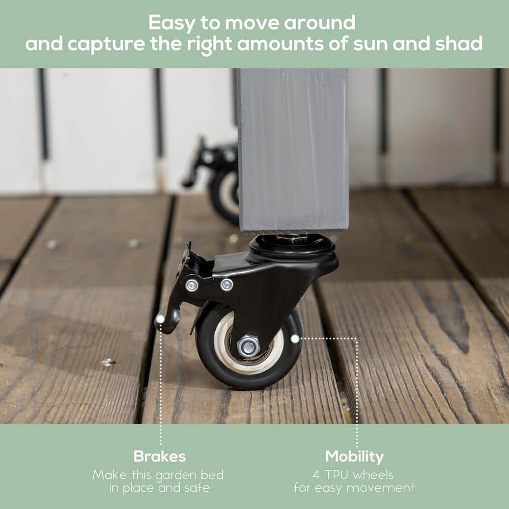 Dark Gray Wooden Elevated Garden Planter with Lockable Wheels