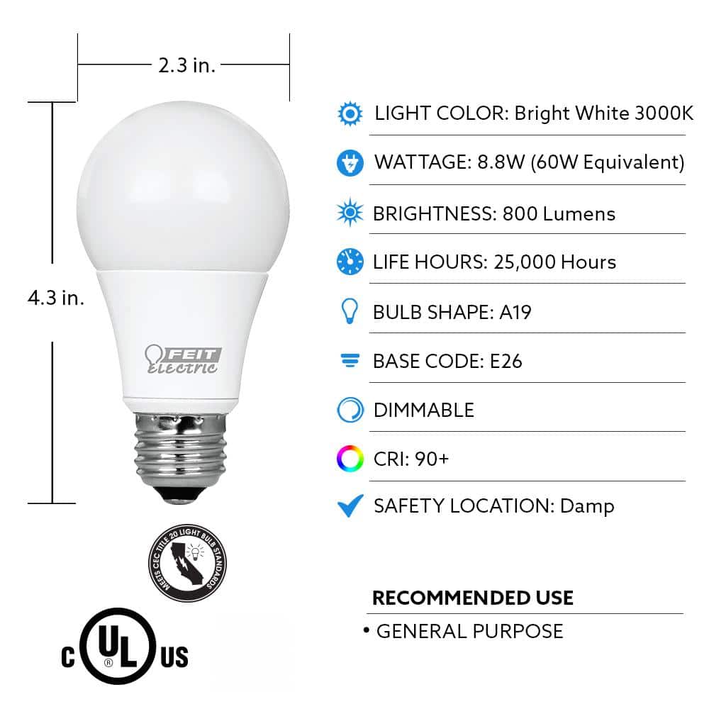 Feit Electric 60W Equivalent Bright White Dimmable LED Bulb 4-Pack